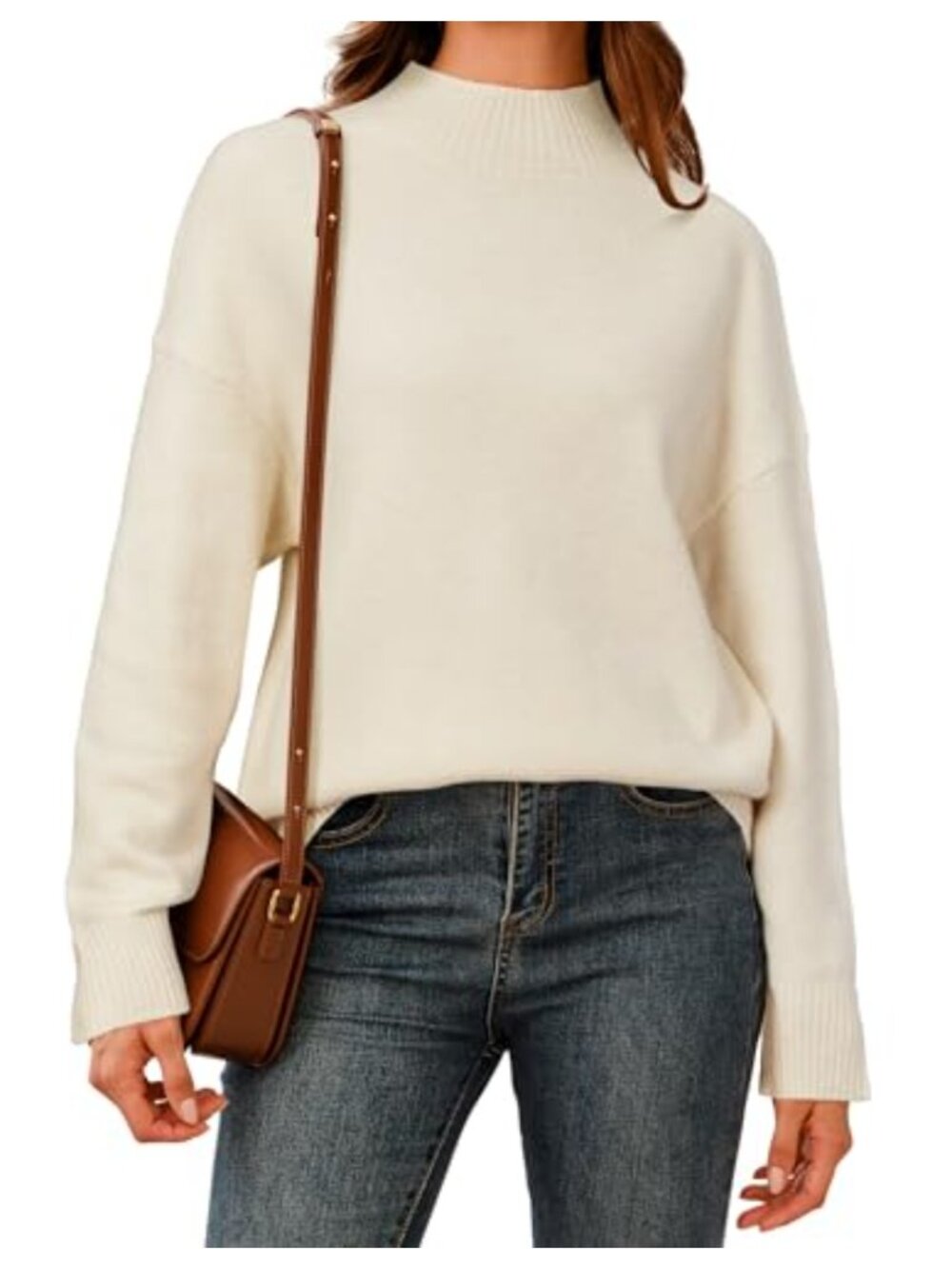 Wool Blend Mock Neck Oversized Pullover Sweater Long Sleeve Loose Fit Warm